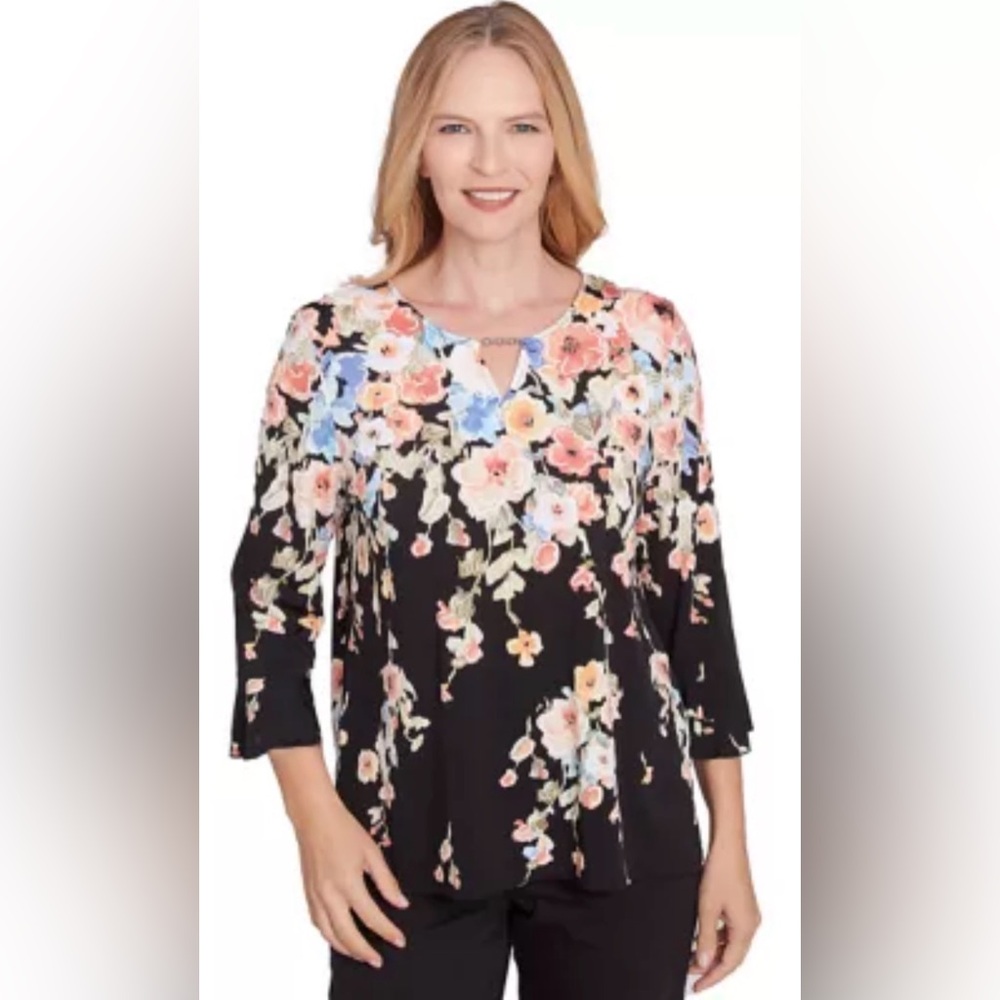 Alfred Dunner Black Floral Tunic with Pink & Blue Blooms size XL